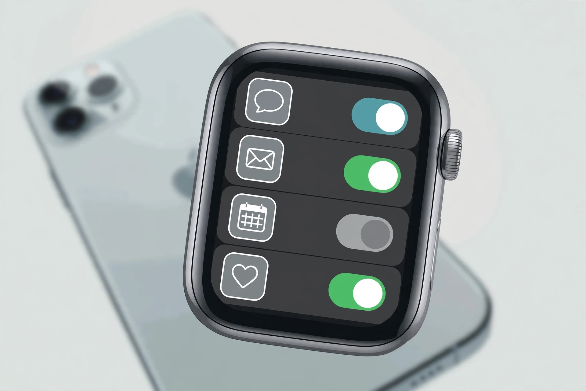 iPhone Watch app notification settings showing Mirror iPhone and Custom options for each app