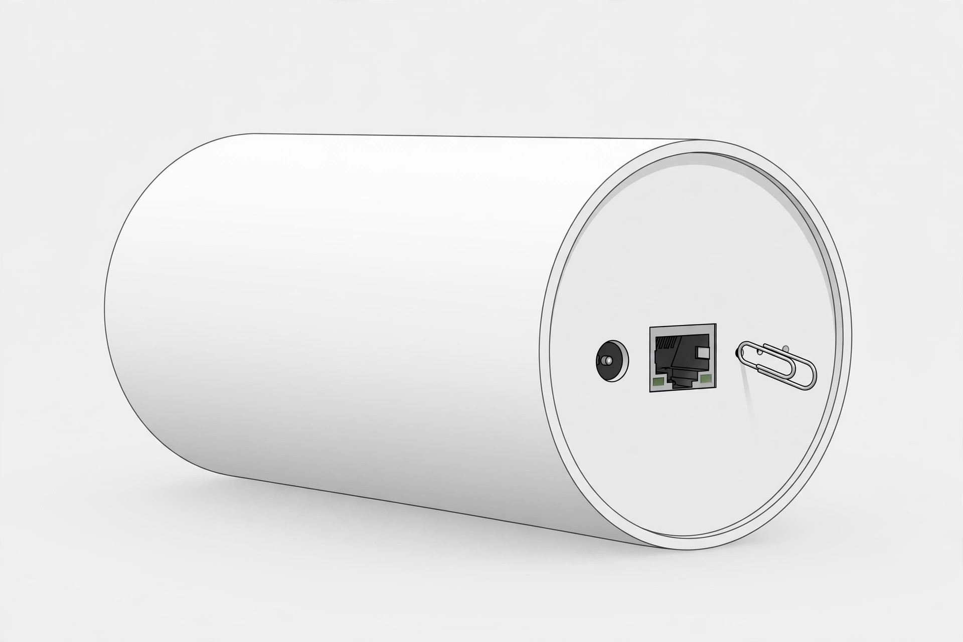 Hand pressing the reset button on the back of an Apple Time Capsule router with a paperclip