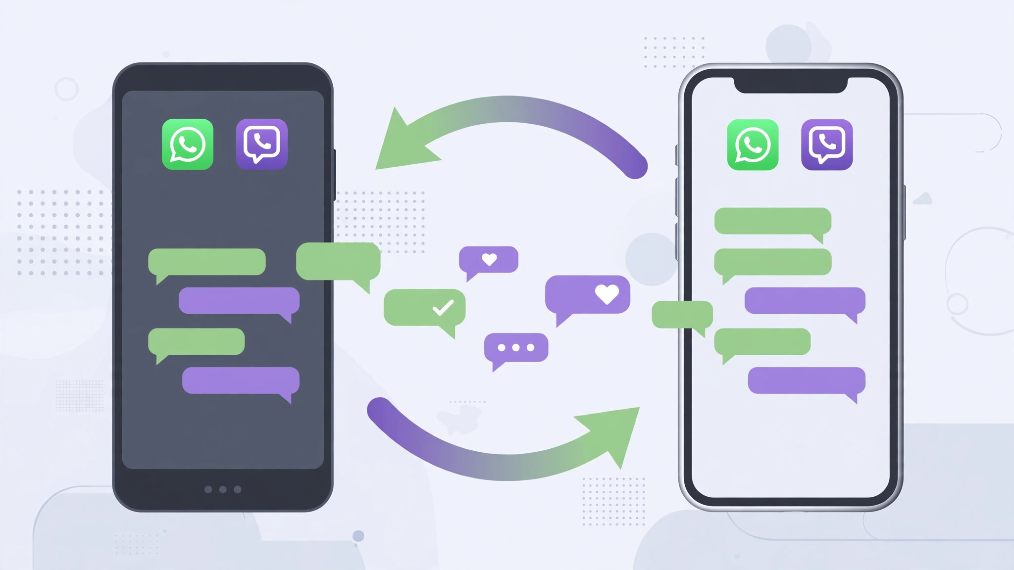 Illustration of WhatsApp and Viber chats moving from an Android phone to an iPhone