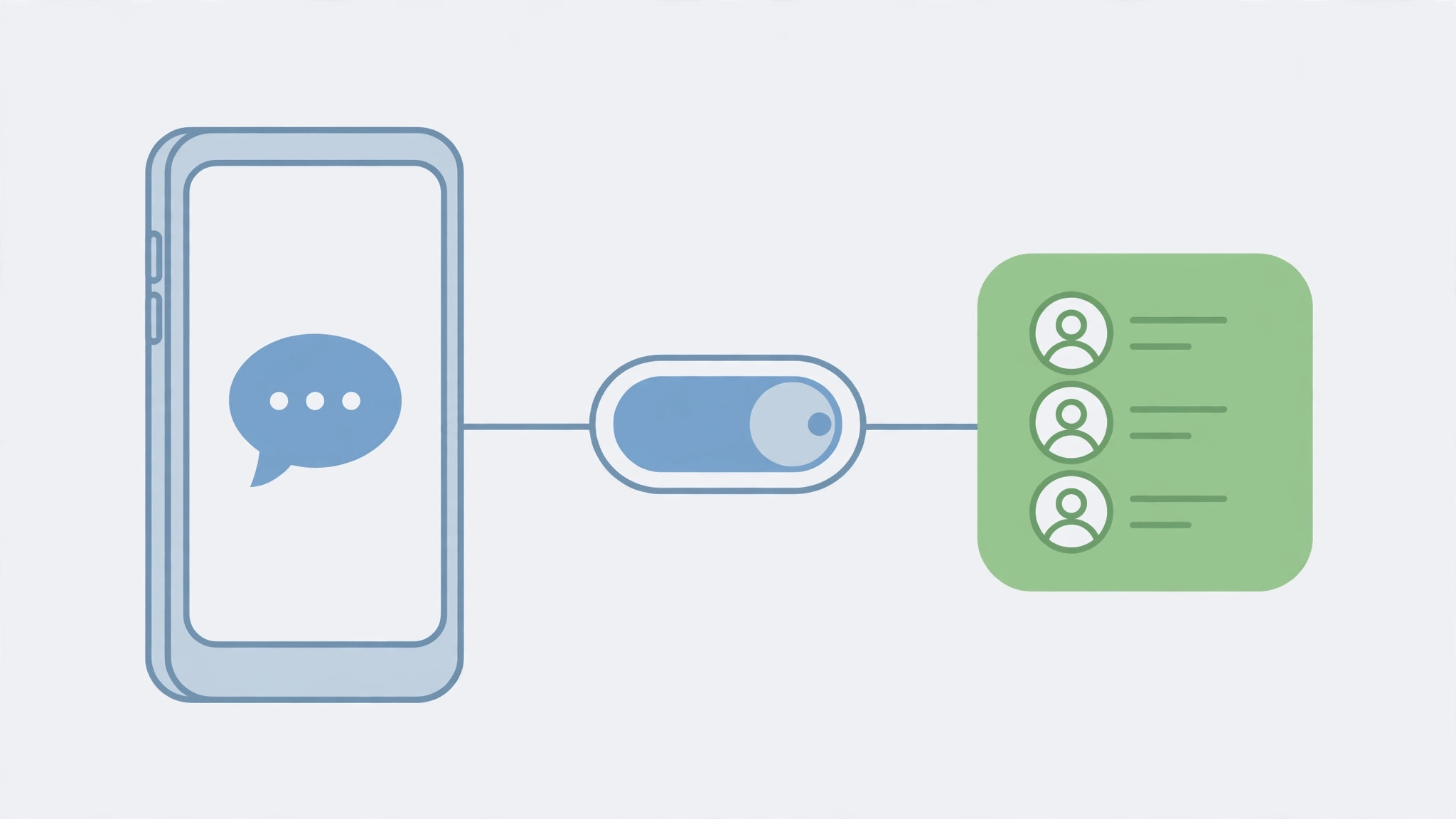 Illustration of an iPhone with WhatsApp chats separated from the iPhone Contacts list by a toggle switch