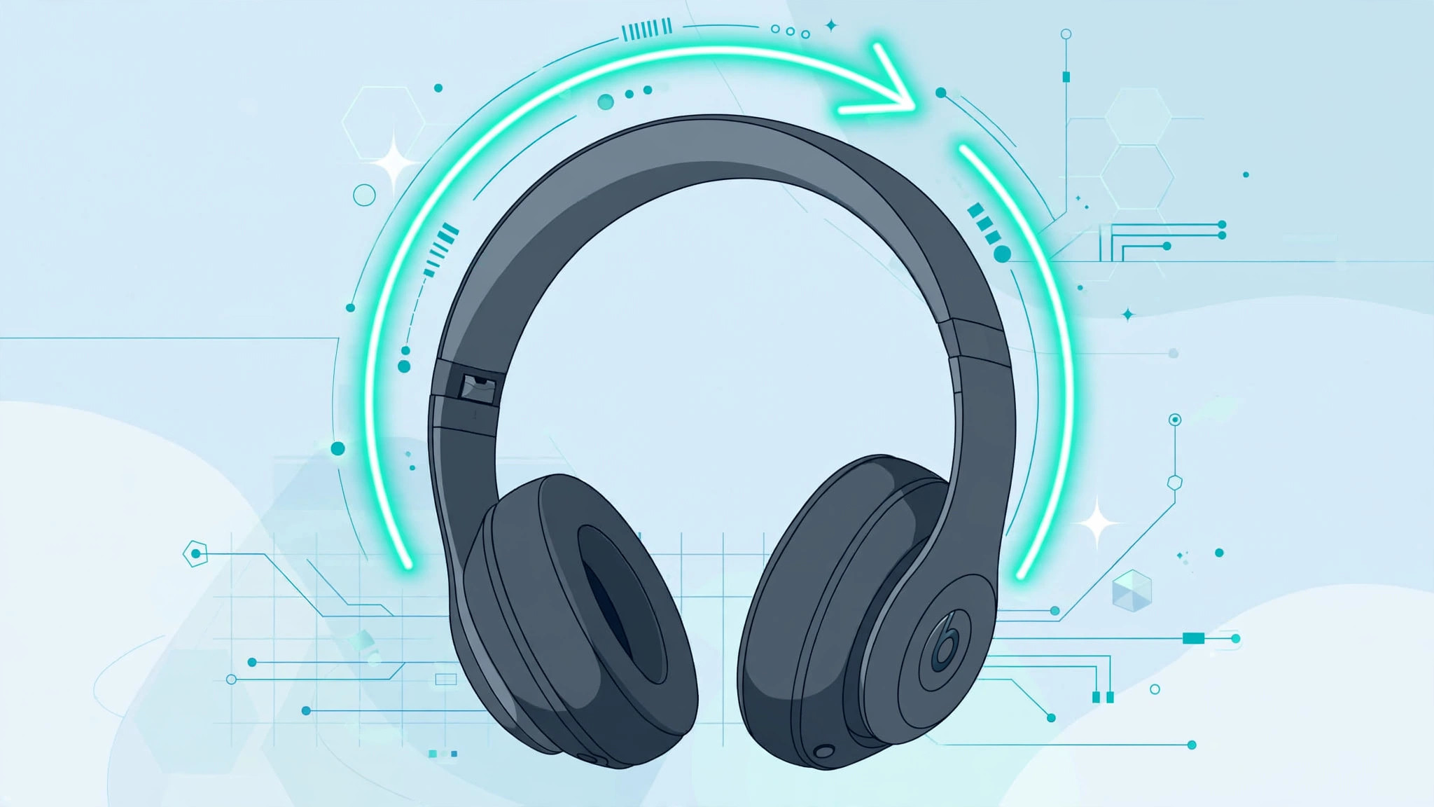 Illustration of Beats wireless headphones receiving an automatic firmware update while paired to a phone