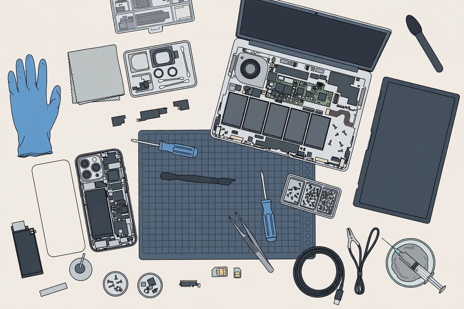 Technician repairing an iPhone and a Mac at a service desk