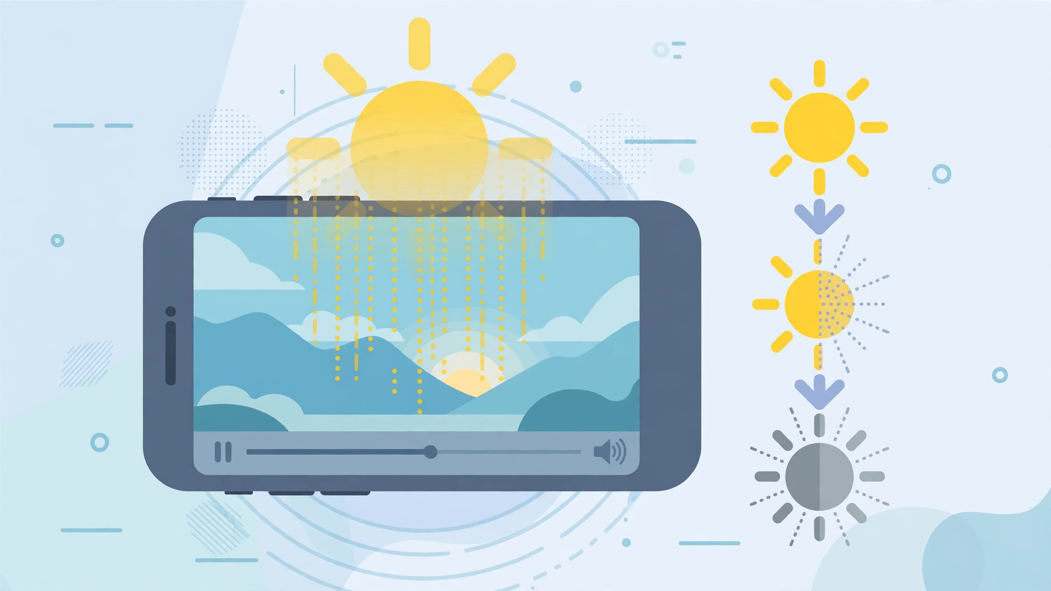 Illustration of an iPhone screen dimming during video playback, with brightness controls