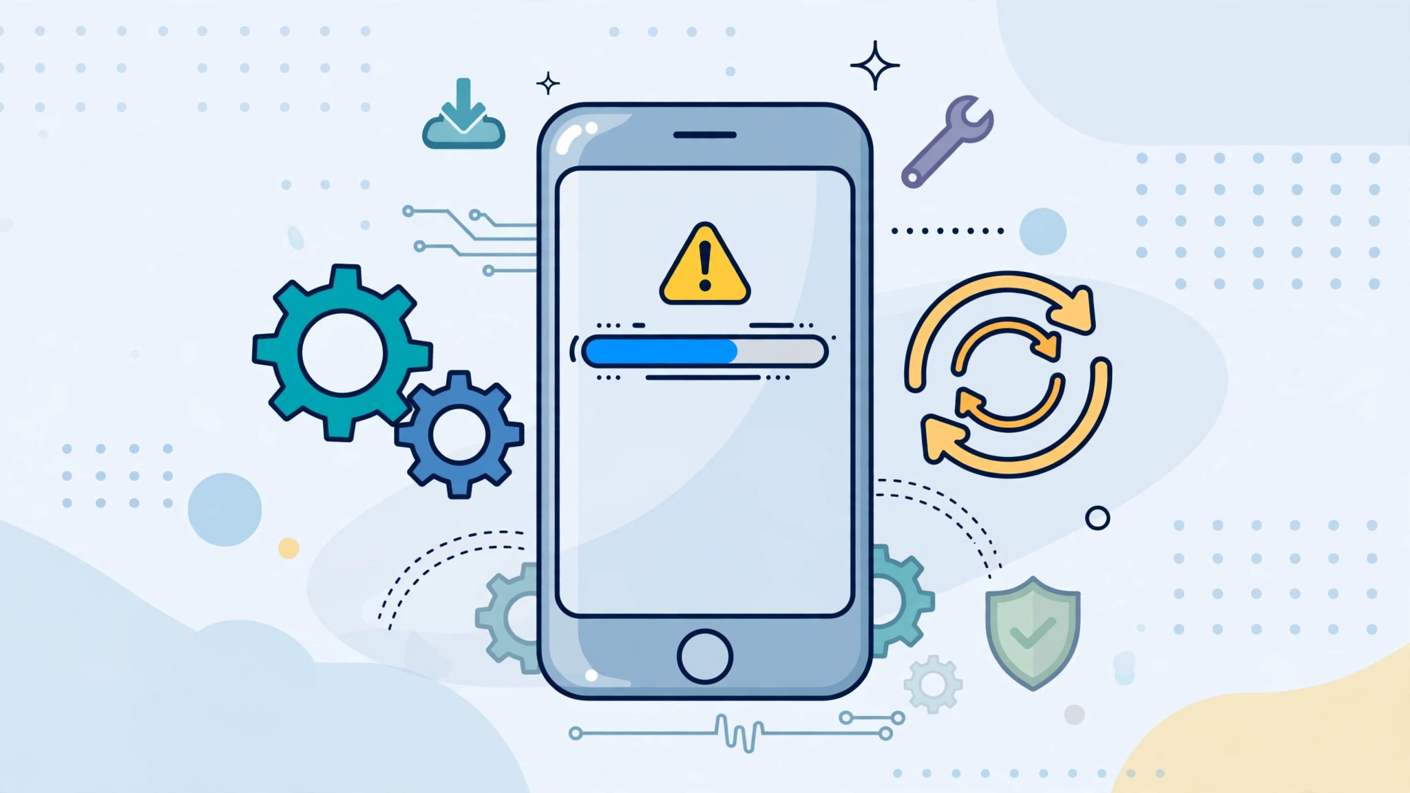 Illustration of an iPhone displaying a software update error alert