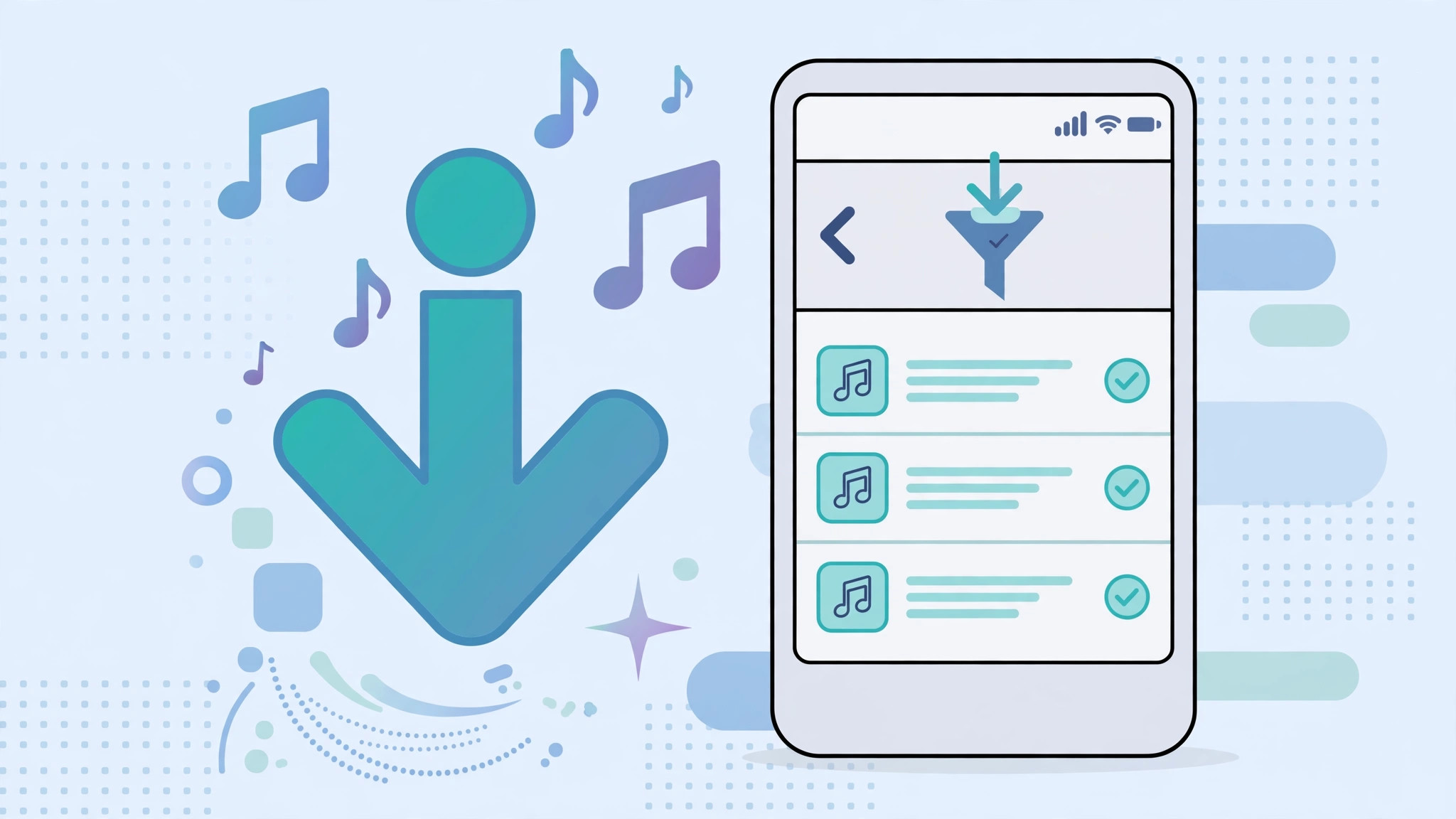 Illustration of a music library with a download icon representing offline tracks in Apple Music