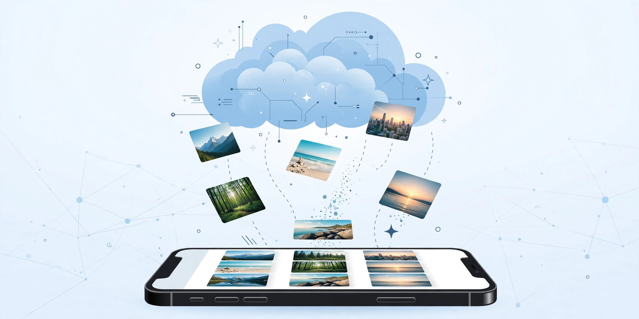 Illustration of photos syncing between an iPhone and iCloud, showing how to free phone storage safely