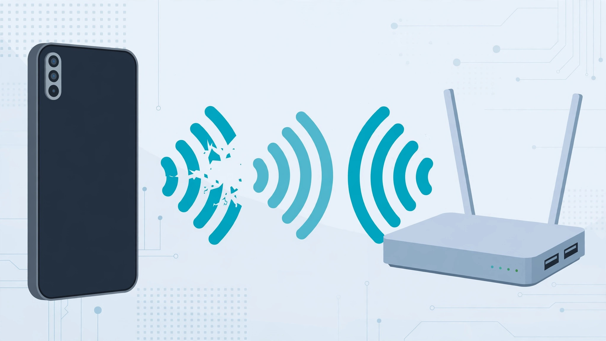 Illustration of an iPhone connecting to a home Wi-Fi router with signal waves
