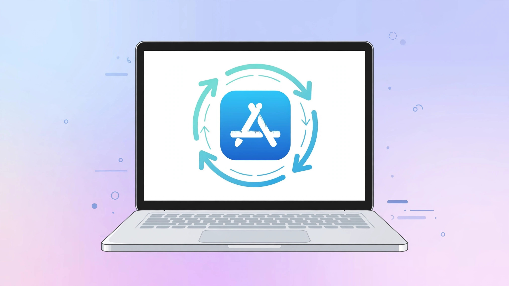Mac App Store app icon with update arrows on a laptop screen