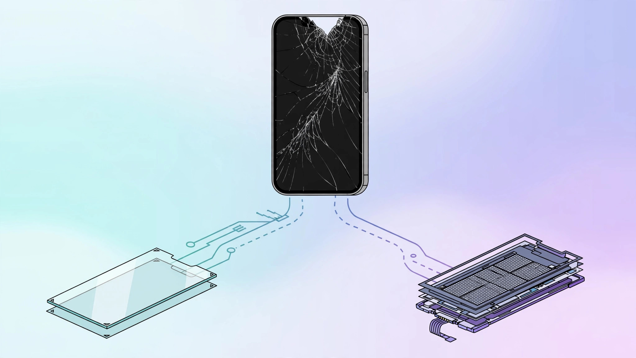 iPhone with cracked glass screen next to a new replacement display