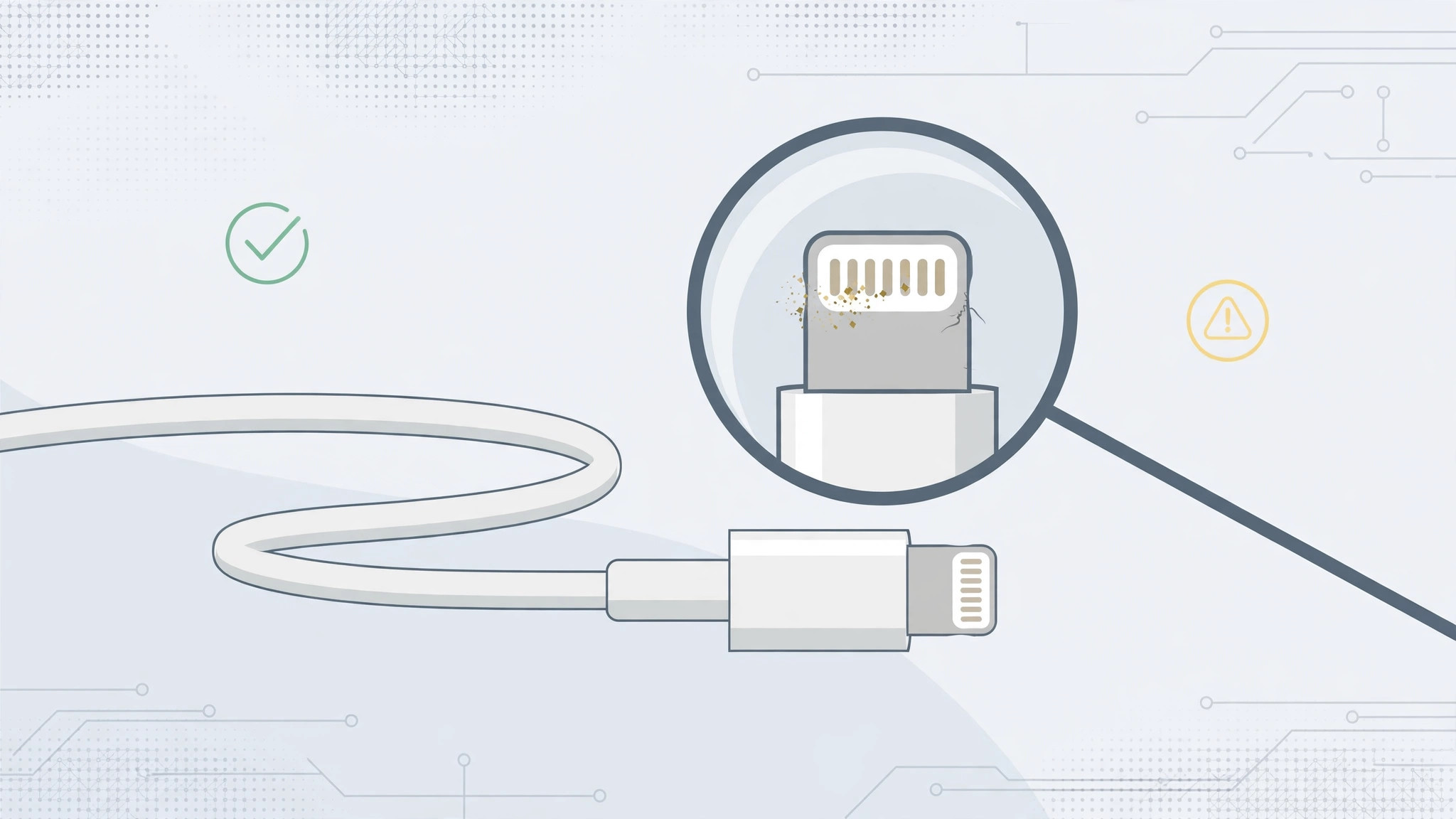 Lightning cable connector under a magnifier being checked for damaged data pins