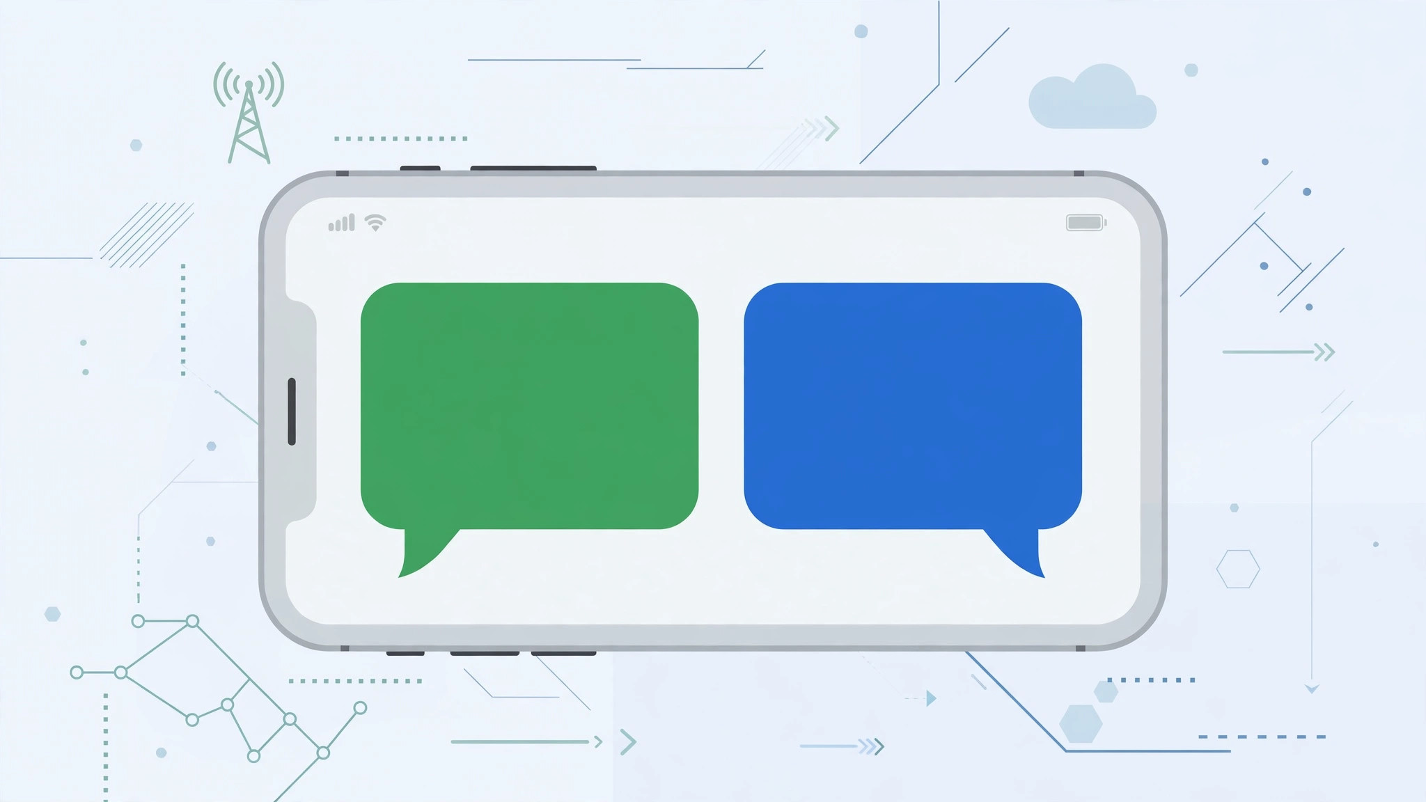 Green SMS and blue iMessage chat bubbles side by side on an iPhone